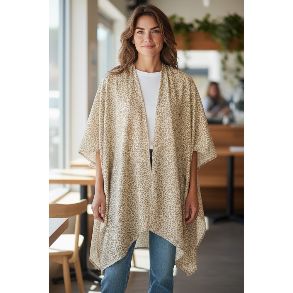 Women's Leopard Print Kimono Cardigan Shawl Wrap One Size Beige Tan‎